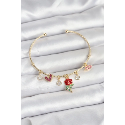 BFS Gül Charmlı Gold Renk Pirinç Kadın Bileklik