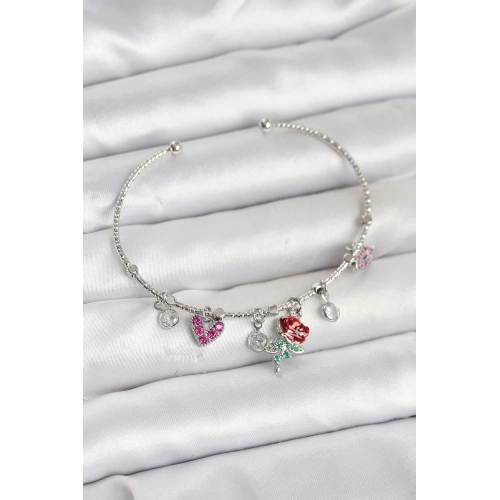 BFS Gül Charmlı Gümüş Renk Pirinç Kadın Bileklik