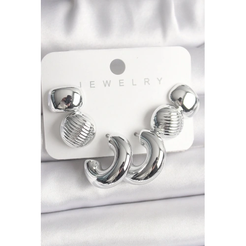 BFS Gümüş Renk İşlemeli Daire Halka Model CCB Platik Kadın Küpe Seti