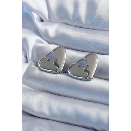 BFS Gümüş Renk Kırık Kalp Model Pirinç Kadın Küpe