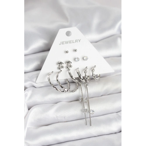 BFS Gümüş Renk Pirinç 6lı Kadın Küpe Seti