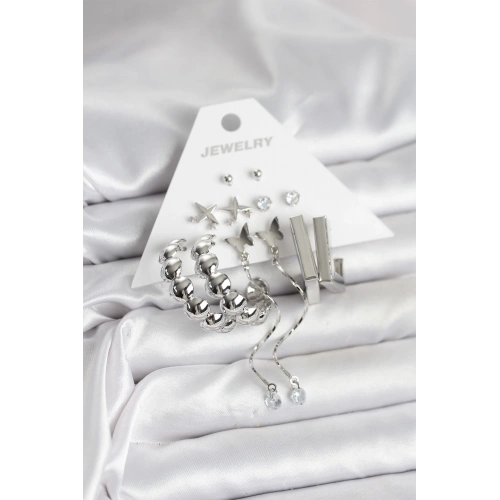 BFS Gümüş Renk Pirinç 6lı Kadın Küpe Seti