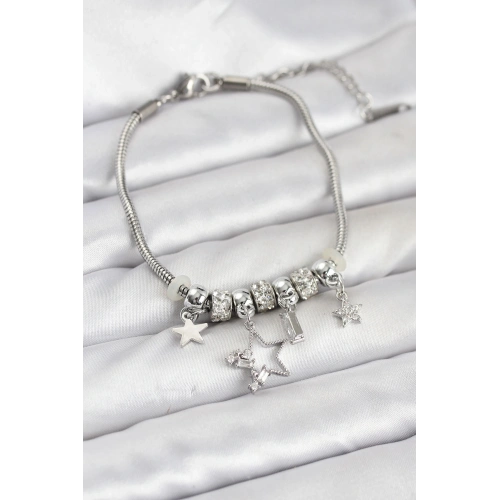 BFS Gümüş Renk Pirinç Yıldız Model Charmlı Kadın Bileklik