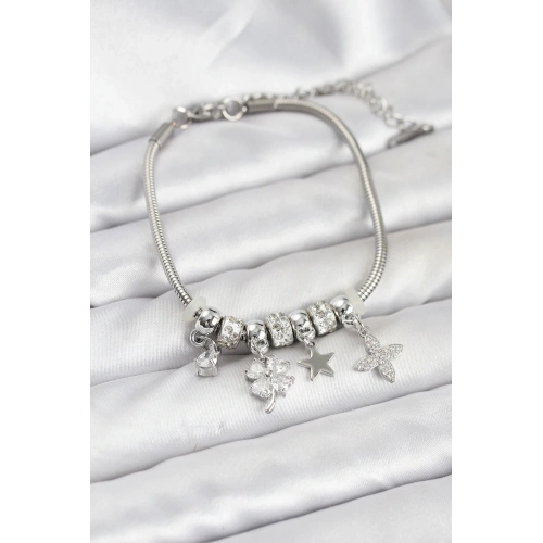 BFS Gümüş Renk Pirinç Yonca Charmlı Kadın Bileklik