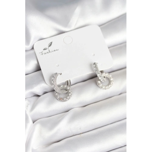 BFS Gümüş Renk Pirinç Zirkon Taşlı Halka Model Kadın Küpe