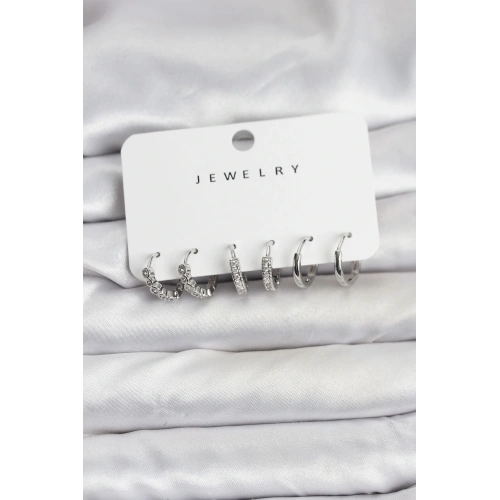 BFS Gümüş Renk Pirinç Zirkon Taşlı Kadın Küpe Seti