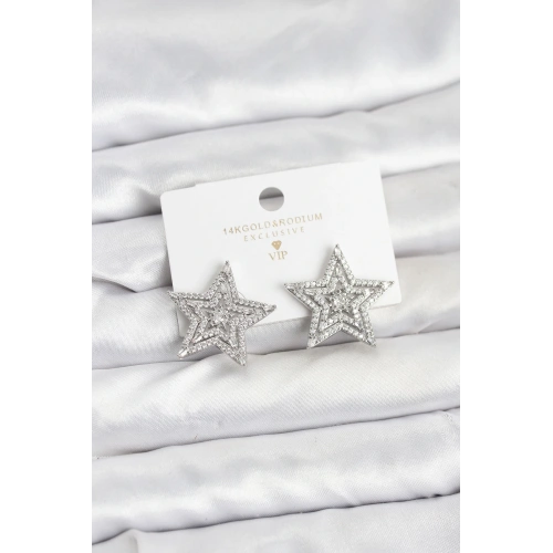 BFS Gümüş Renk Pirinç Zirkon Taşlı Yıldız Model Kadın Küpe