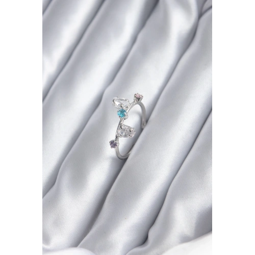 BFS Gümüş Renk Renkli Zirkon Taşlı Kadın Yüzük