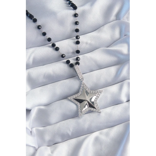BFS Gümüş Renk Siyah Boncuk Zirkon Taşlı Pirinç Yıldız Model VİP Seri Kadın Kolye