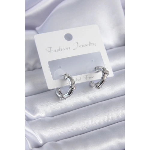 BFS Gümüş Renk Zirkon Taşlı Halka Model Pirinç Kadın Küpe