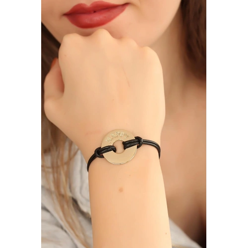 BFS HAPPY (Mutlu) Siyah Deri İpli Unisex Mood Bileklik