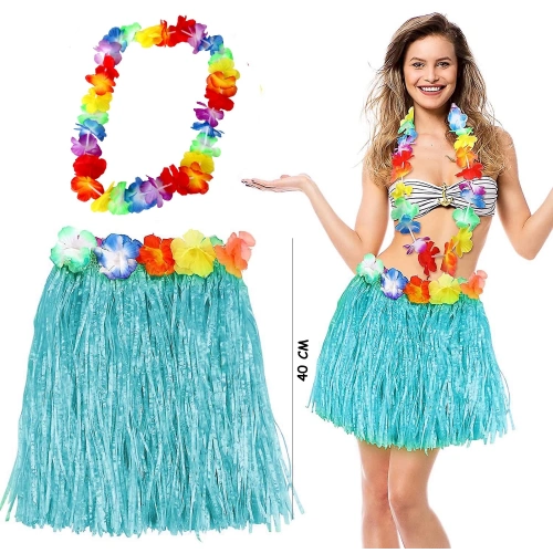 BFS Hawaii Luau Aloha Mavi Püsküllü 40 Cm Etek Ve Hawaii Kolye Seti