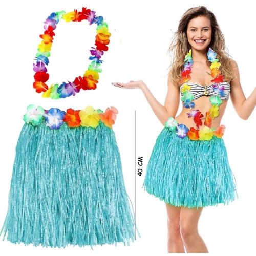 BFS  Hawaii Luau Aloha Mavi Püsküllü 40 cm Etek ve Hawaii Kolye Seti