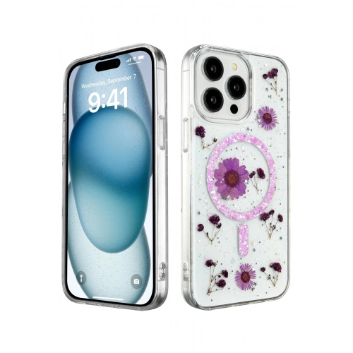 BFS  iPhone 15 Pro Kılıf Daisy Simli Magsafe Kapak - Mor
