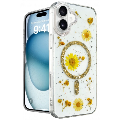 BFS  iPhone 16 Kılıf Daisy Simli Magsafe Kapak - Gold