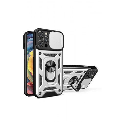 BFS  iPhone 16 Pro Kılıf Pars Lens Yüzüklü Silikon - Gümüş