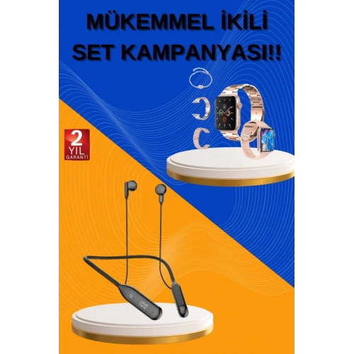 BFS Kablolu Bluetooth Kulaklık ve Kadınlara Özel Bileklik Hediyeli Yeni Nesil Akıllı Saat 3 Kordonlu