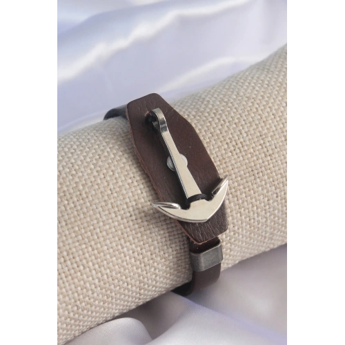 BFS Kahverengi Deri Model Gümüş Renk Çapa Figür Erkek Bileklik