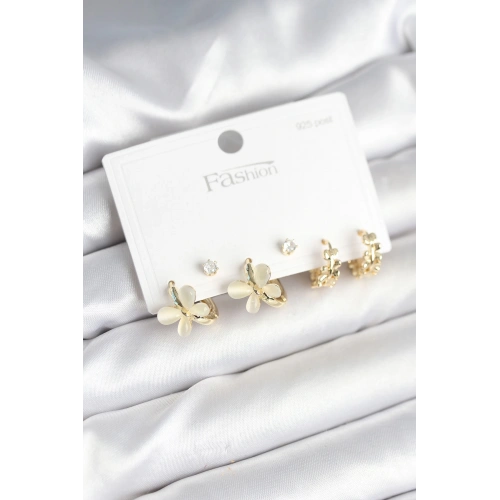 BFS Kelebek Model Gold Renk Pirinç 925 Ayar Gümüş Çivili Kadın Küpe Seti