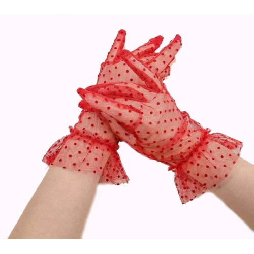 BFS   Kısa Boy Güpürlü Kırmızı Puantiyeli Tül Eldiven Kırmızı Renk