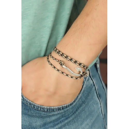 BFS Krem Renk Çizgi Desenli Metal Kancalı Erkek Bileklik