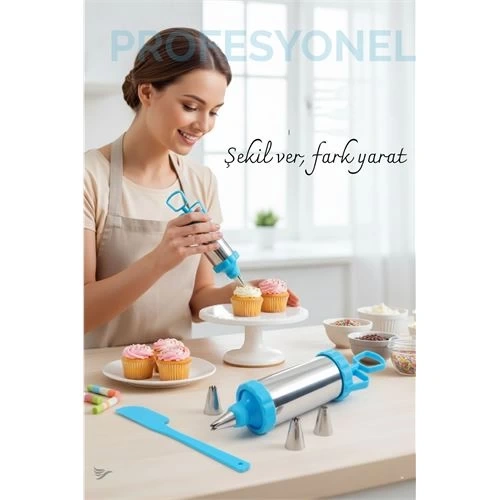 BFS Krema Sıkma Pompası Paslanmaz Çelik – 3 Uçlu, 20 cm, Parti ve Pasta Dekorları İçin Profesyonel Yardımcı