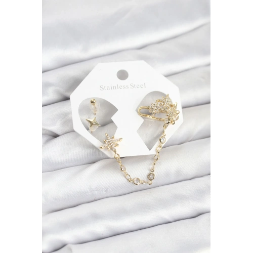 BFS Kutup Yıldızı Model Pirinç Gold Renk Zincir Bağlantılı Ear Cuff Küpe Seti