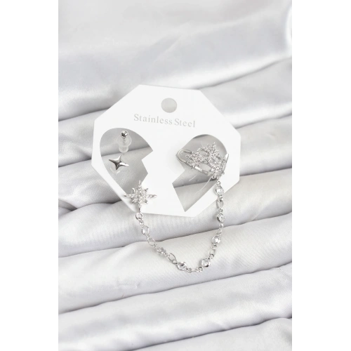BFS Kutup Yıldızı Model Pirinç Gümüş Renk Zincir Bağlantılı Ear Cuff Küpe Seti