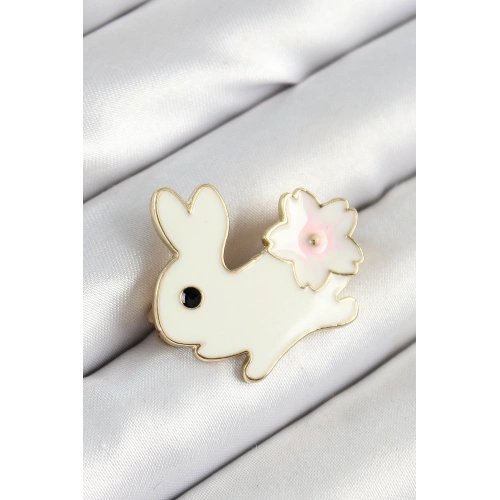 BFS Mineli Çiçek Detaylı Krem Tavşan Figürlü Gold Renk Kadın Broş