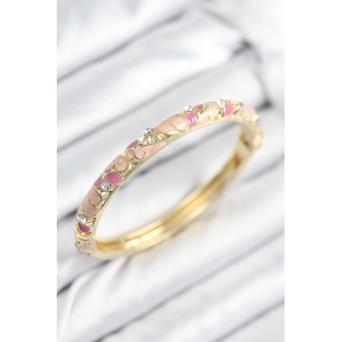 BFS Mineli Pirinç Zirkon Taşlı Pembe Çiçek Motifli Gold Kadın Kelepçe