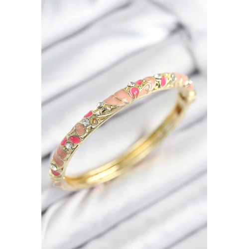 BFS Mineli Pirinç Zirkon Taşlı Pembe Çiçek Motifli Gold Kadın Kelepçe