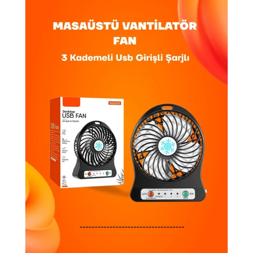 BFS Mini Vantilatör Masaüstü – USB Girişli, Şarjlı, 3 Kademe, Sessiz Motor, Işıklı