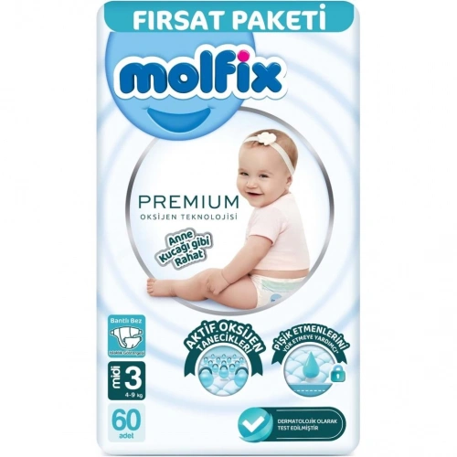 BFS   Molfix Premium Bebek Bezi Fırsat Paketi 3 Beden 4-9 Kg 60 Adet