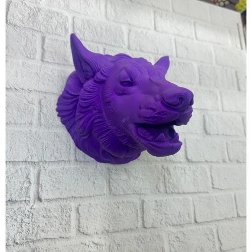 BFS Mor Renk 3D Kurt Başı Duvar Dekoru Asılabilir Maskot Heykel 25x19 cm