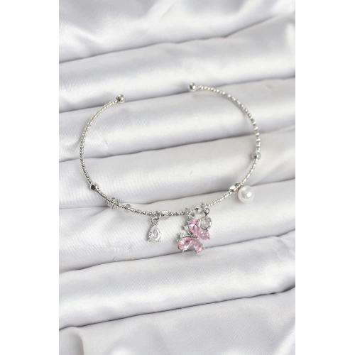 BFS Pembe Kelebek Charmlı Gümüş Renk Kadın Bileklik