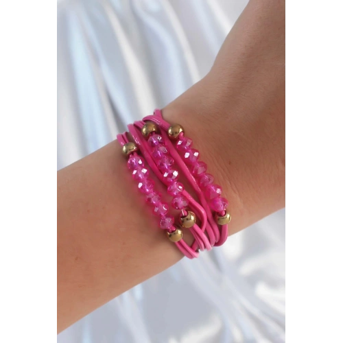 BFS Pembe Renk Zirkon Taşlı İpli Çoklu Bileklik