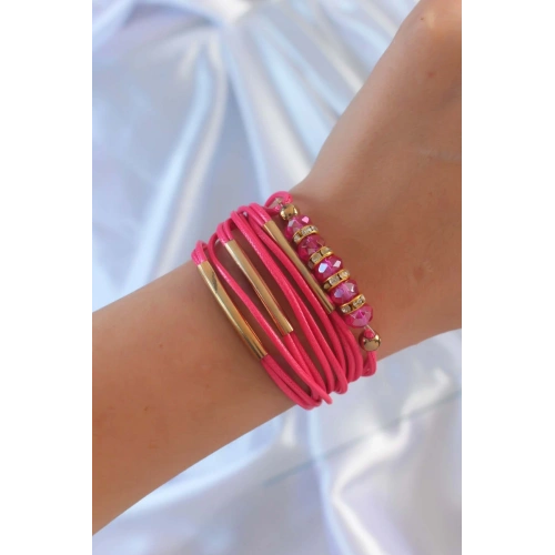 BFS Pembe Renk Zirkon Taşlı Metal Aksesuarlı İpli Çoklu Bileklik