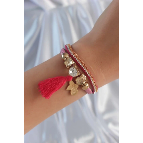 BFS Pembe Renk Zirkon Taşlı Püskül Detay Deri Çoklu Bileklik