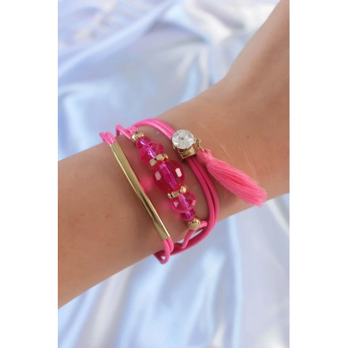 BFS Pembe Zirkon Taşlı İpli Püskül Detay Çoklu Bileklik