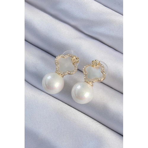 BFS Pirinç Altın Renk Zirkon Taşlı Minimal Çiçek Tasarımlı Kadın Küpe