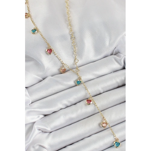 BFS Pirinç Asorti Kalp Model Gold Renk Zirkon Taşlı Y Kolye