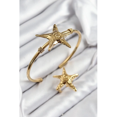 BFS Pirinç Deniz Yıldızı Model Gold Renk Bileklik Yüzük Set