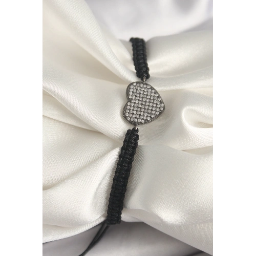 BFS Pirinç Füme Renk Zirkon Taşlı Kalp Figür Asansörlü Makrome Model Kadın Bileklik