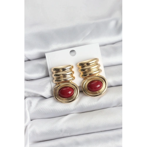 BFS Pirinç Gold Bordo Renk Vintage Kadın Küpe