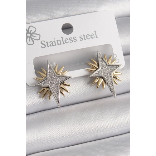 BFS Pirinç Gold Gümüş Renk Zirkon Taşlı Kutup Yılıdız Model Kadın Küpe