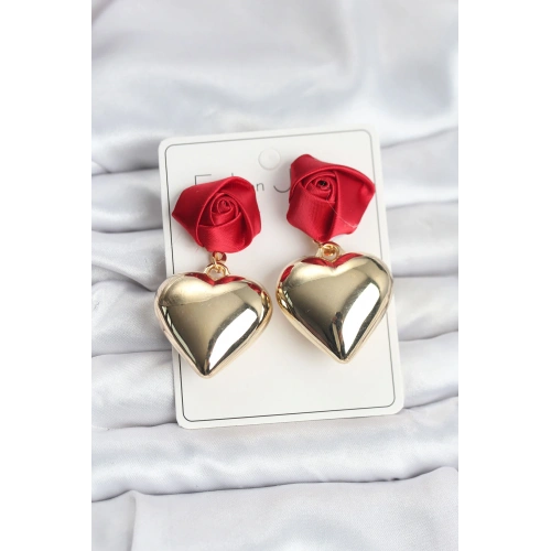 BFS Pirinç Gold Kalpli Kırmızı Gül Model Kadın Küpe