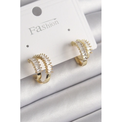 BFS Pirinç Gold Renk 2Li Zirkon Taşlı Halka Model Kadın Küpe