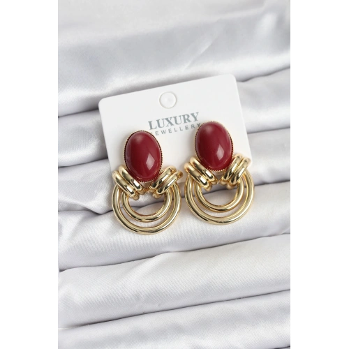 BFS Pirinç Gold Renk Bordo Taşlı Vintage Kadın Küpe