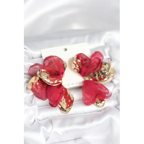 BFS Pirinç Gold Renk Bordo Tüllü Lotus Kadın Küpe
