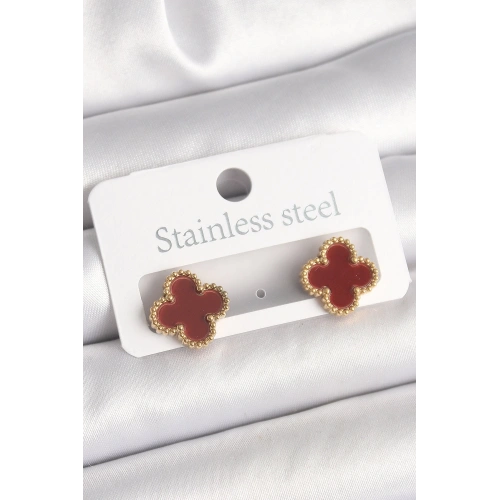 BFS Pirinç Gold Renk Bordo Yonca Model Kadın Küpe